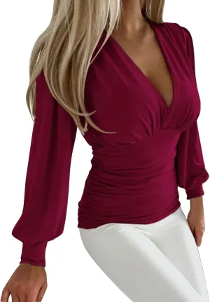 Women Deep V Neck Tops Slim Fit Puff Long Sleeve Elastic Waist Ruched Wrap Low Cut Blouse Shirt Crop Top Soft Tees