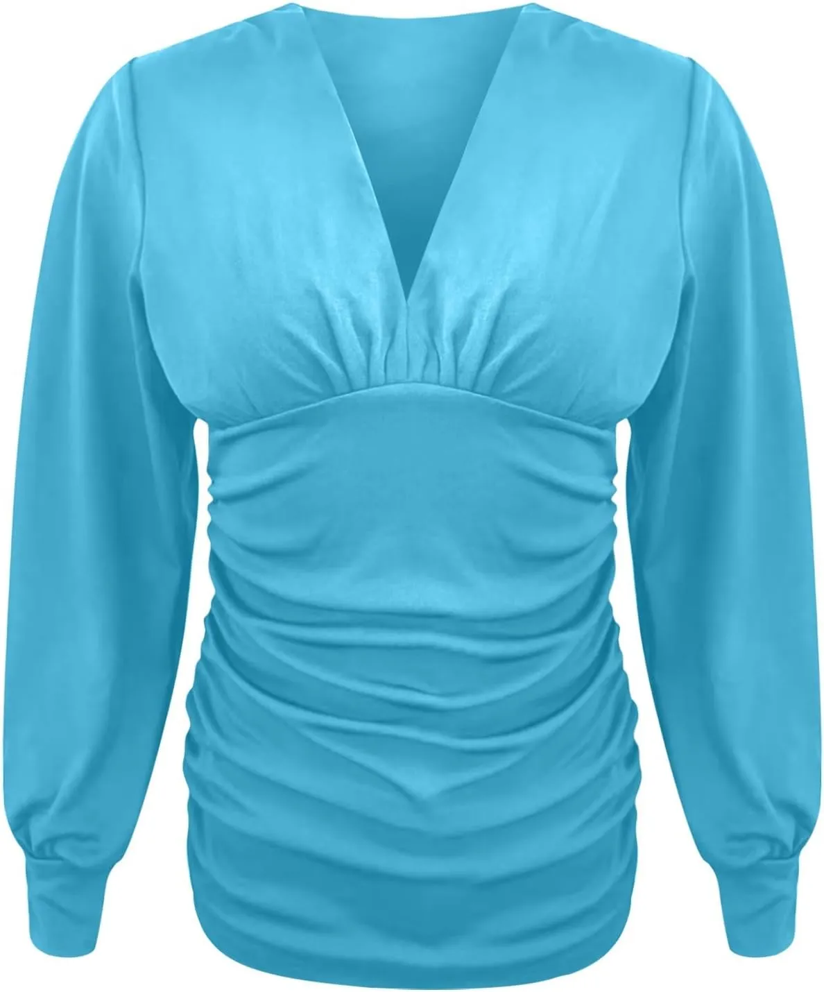 Women Deep V Neck Tops Slim Fit Puff Long Sleeve Elastic Waist Ruched Wrap Low Cut Blouse Shirt Crop Top Soft Tees