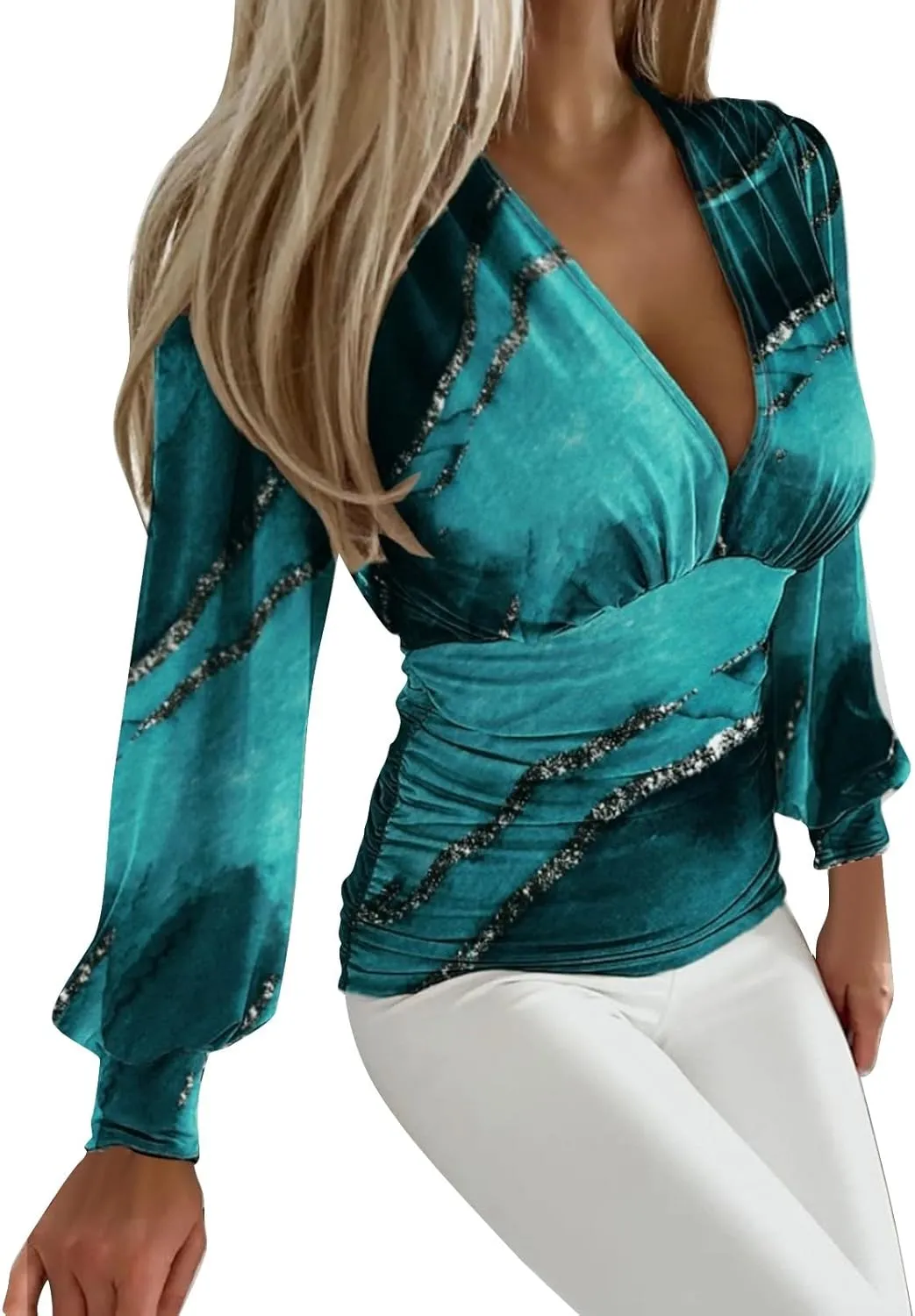 Women Deep V Neck Tops Slim Fit Puff Long Sleeve Elastic Waist Ruched Wrap Low Cut Blouse Shirt Crop Top Soft Tees