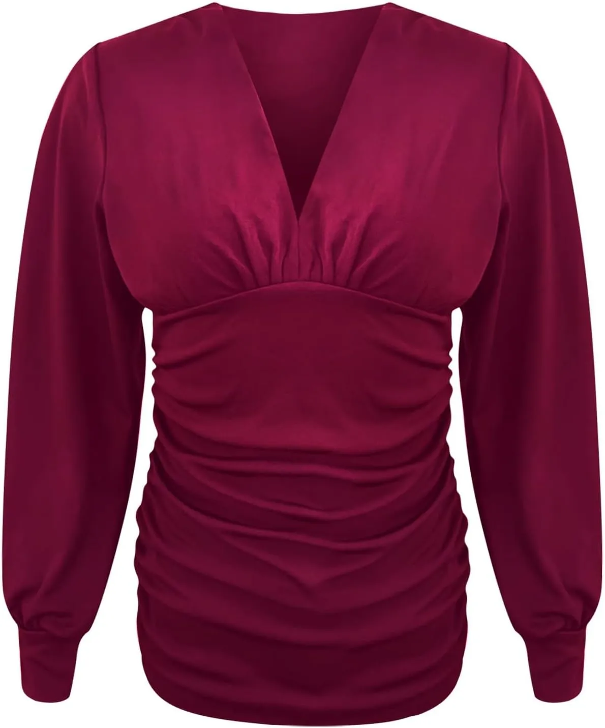 Women Deep V Neck Tops Slim Fit Puff Long Sleeve Elastic Waist Ruched Wrap Low Cut Blouse Shirt Crop Top Soft Tees