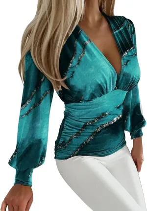 Women Deep V Neck Tops Slim Fit Puff Long Sleeve Elastic Waist Ruched Wrap Low Cut Blouse Shirt Crop Top Soft Tees
