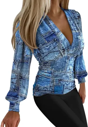 Women Deep V Neck Tops Slim Fit Puff Long Sleeve Elastic Waist Ruched Wrap Low Cut Blouse Shirt Crop Top Soft Tees