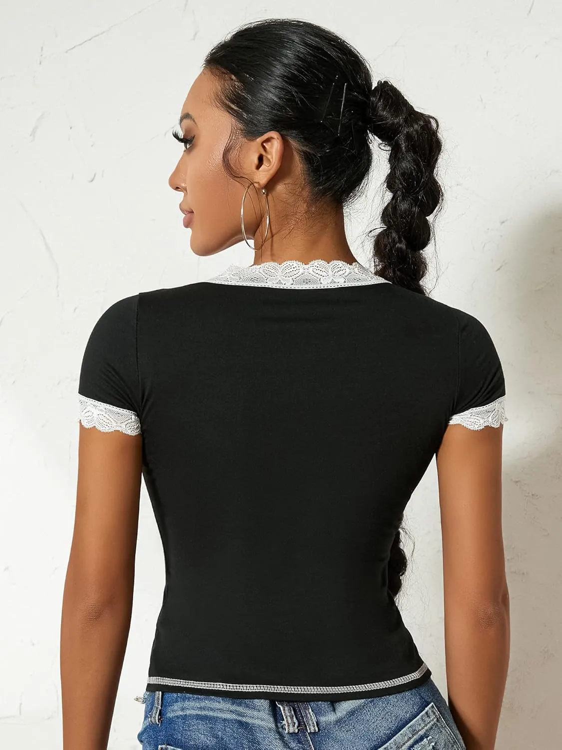 Women Fairy Grunge Y2k Shirts See Through Square Neck Lace Patchwork Tops Vintage Goth Aesthetic Clothing