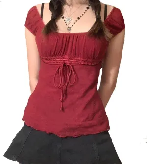 Women Fairy Grunge Y2k Shirts See Through Square Neck Lace Patchwork Tops Vintage Goth Aesthetic Clothing