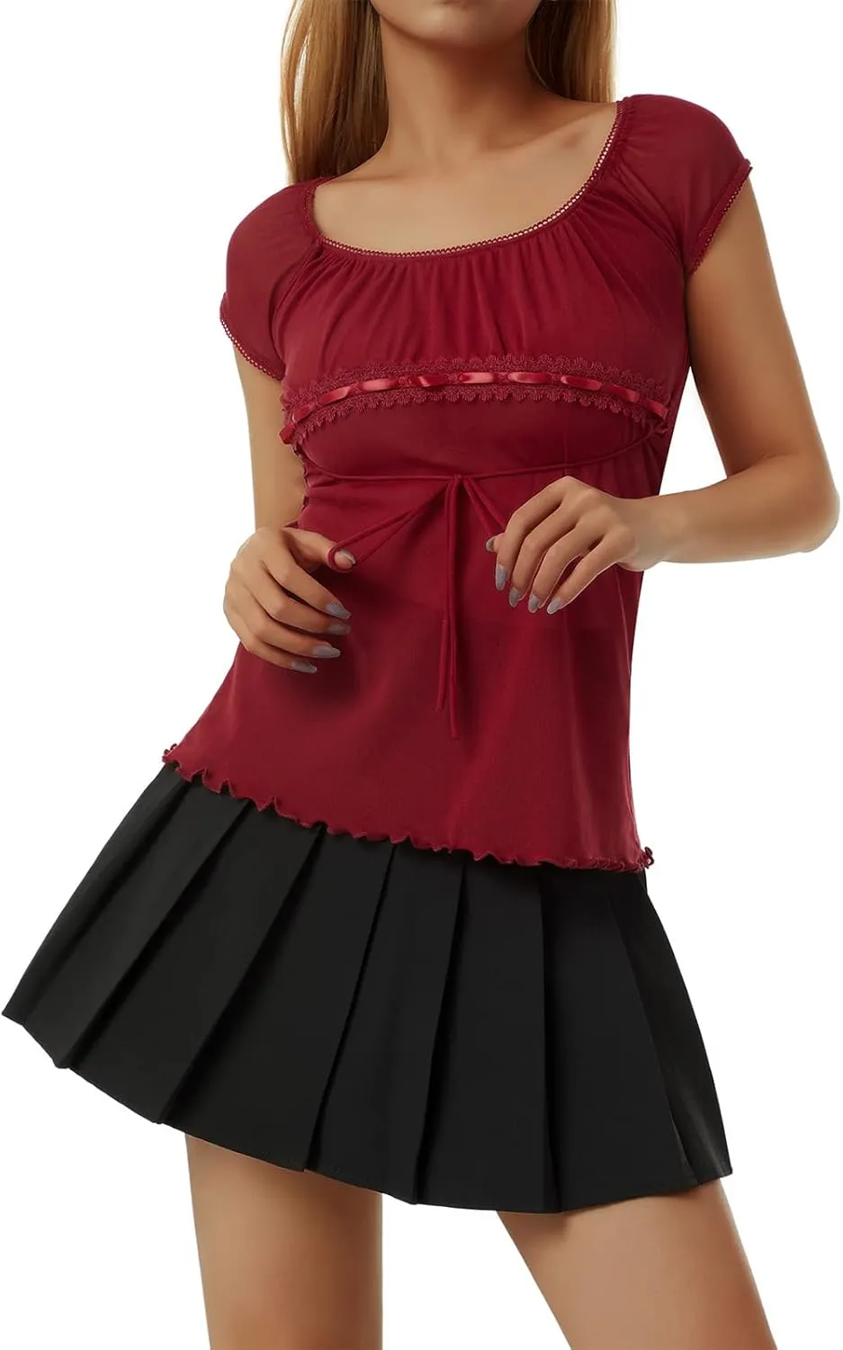 Women Fairy Grunge Y2k Shirts See Through Square Neck Lace Patchwork Tops Vintage Goth Aesthetic Clothing