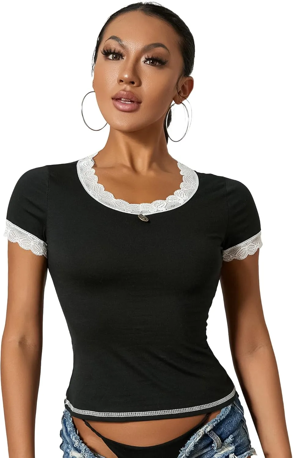 Women Fairy Grunge Y2k Shirts See Through Square Neck Lace Patchwork Tops Vintage Goth Aesthetic Clothing