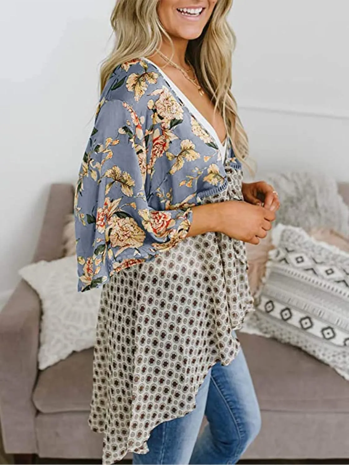 Women Floral Kimono Cardigans 3/4 Ruffle Sleeve Lightweight Patchwork Flowy Boho Tie Loose Cover Ups