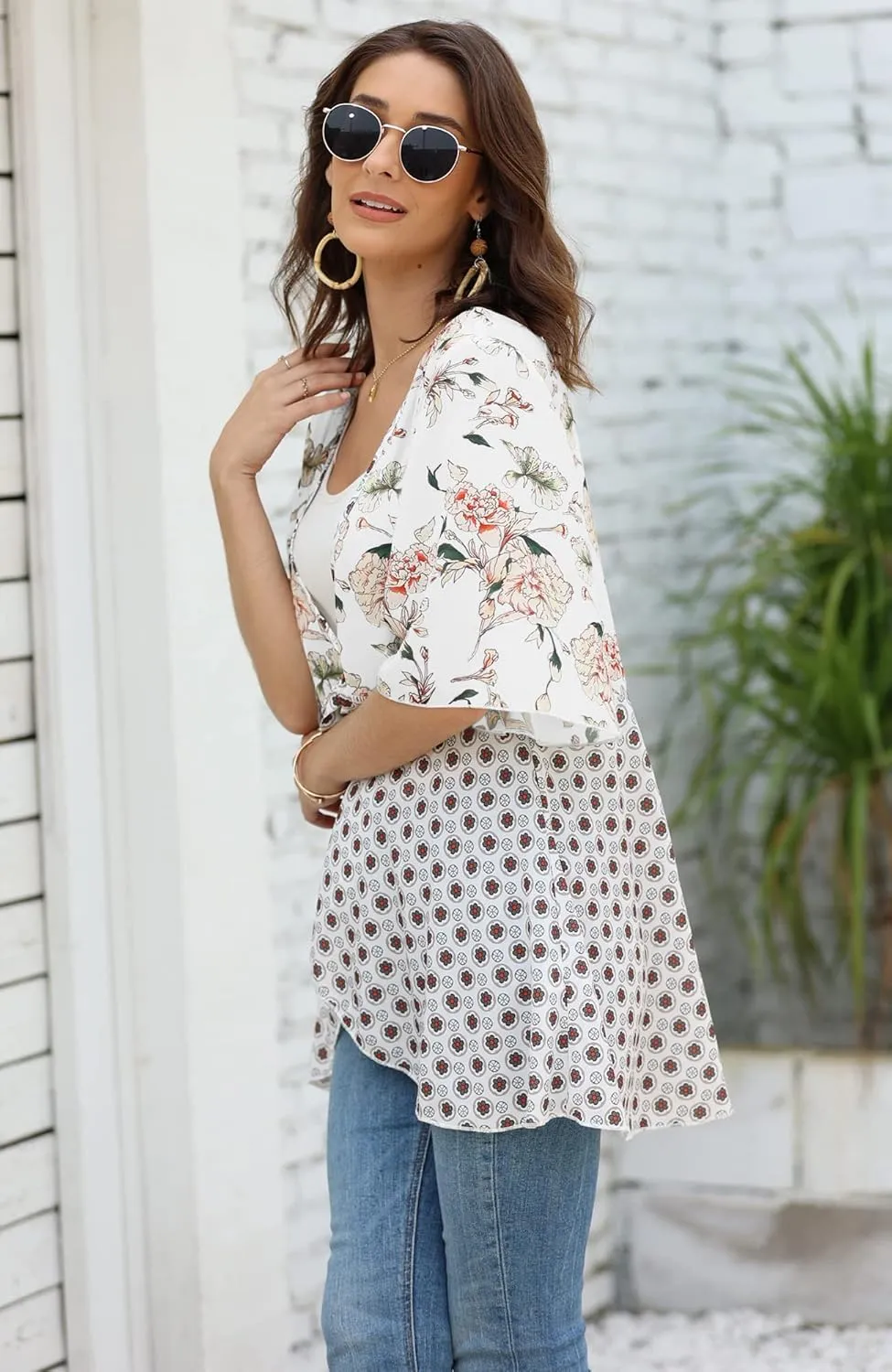 Women Floral Kimono Cardigans 3/4 Ruffle Sleeve Lightweight Patchwork Flowy Boho Tie Loose Cover Ups