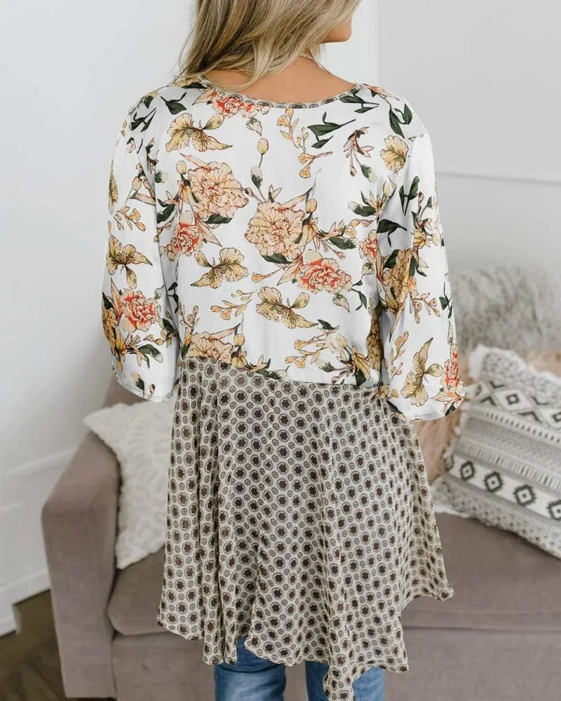Women Floral Kimono Cardigans 3/4 Ruffle Sleeve Lightweight Patchwork Flowy Boho Tie Loose Cover Ups