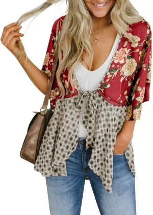 Women Floral Kimono Cardigans 3/4 Ruffle Sleeve Lightweight Patchwork Flowy Boho Tie Loose Cover Ups