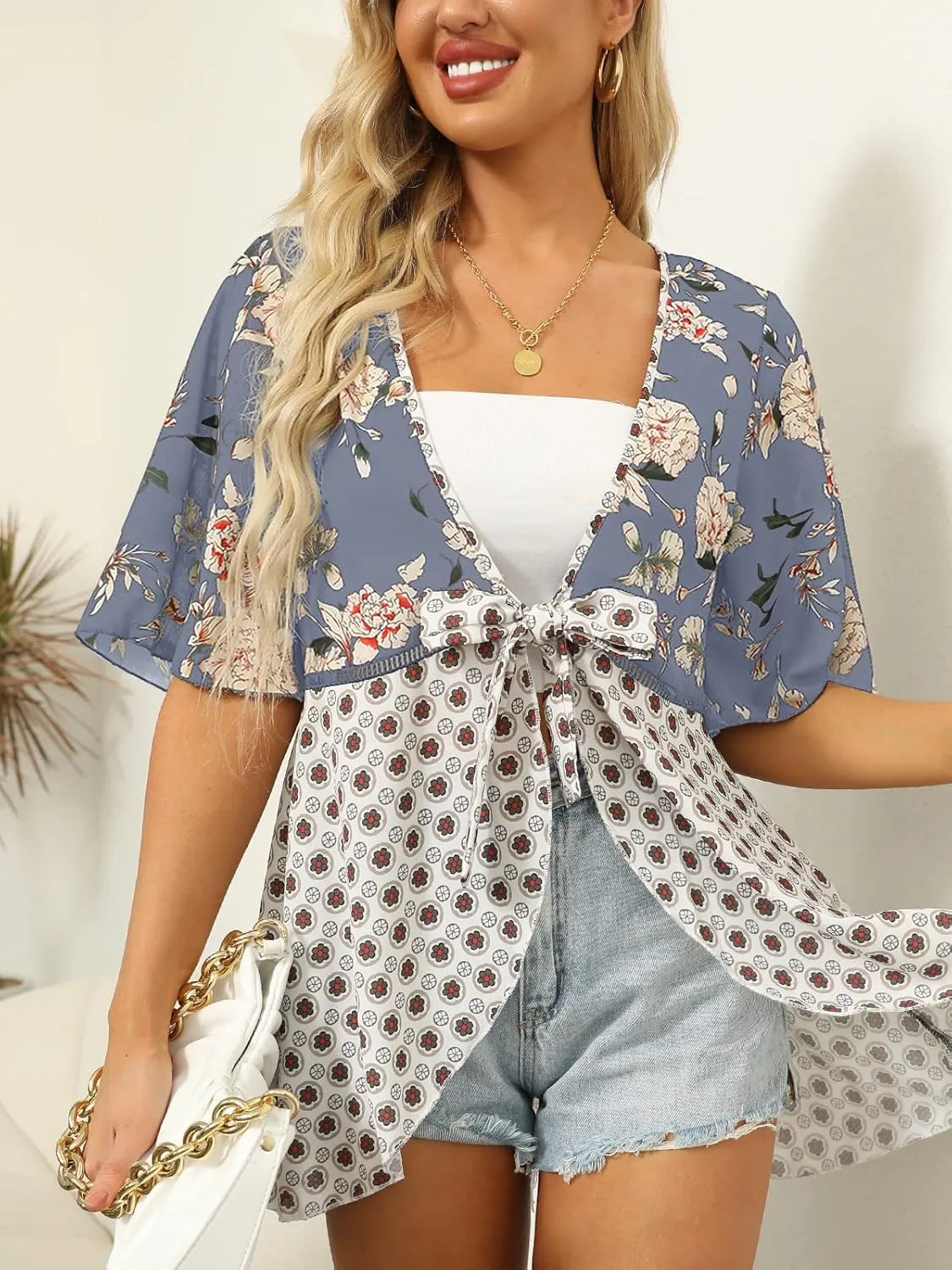 Women Floral Kimono Cardigans 3/4 Ruffle Sleeve Lightweight Patchwork Flowy Boho Tie Loose Cover Ups