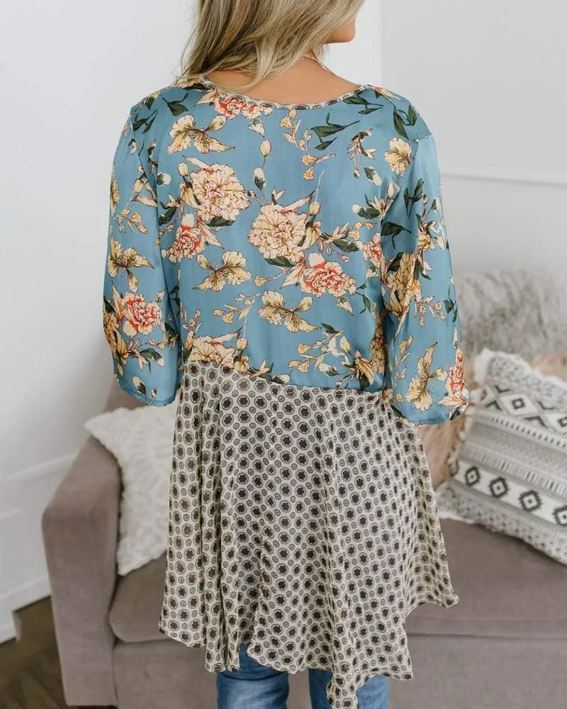 Women Floral Kimono Cardigans 3/4 Ruffle Sleeve Lightweight Patchwork Flowy Boho Tie Loose Cover Ups