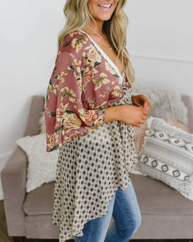 Women Floral Kimono Cardigans 3/4 Ruffle Sleeve Lightweight Patchwork Flowy Boho Tie Loose Cover Ups