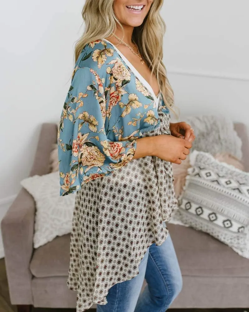 Women Floral Kimono Cardigans 3/4 Ruffle Sleeve Lightweight Patchwork Flowy Boho Tie Loose Cover Ups