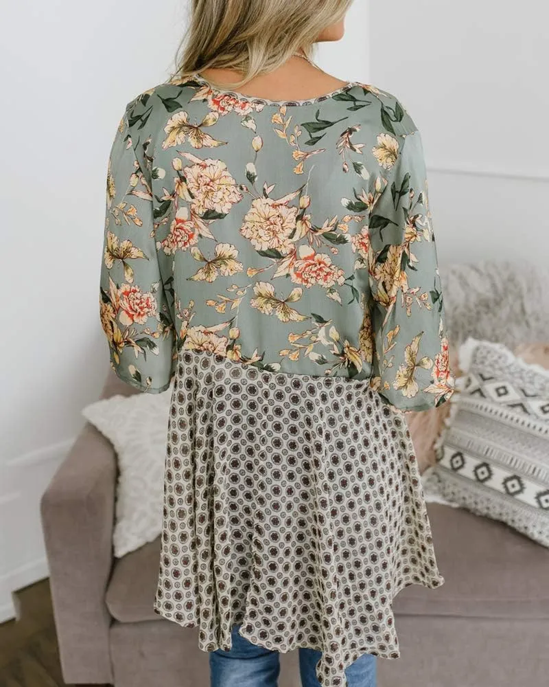 Women Floral Kimono Cardigans 3/4 Ruffle Sleeve Lightweight Patchwork Flowy Boho Tie Loose Cover Ups