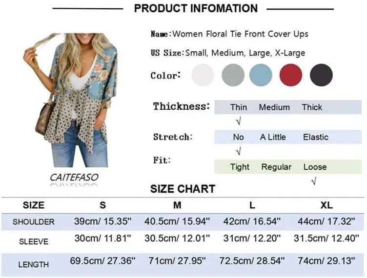 Women Floral Kimono Cardigans 3/4 Ruffle Sleeve Lightweight Patchwork Flowy Boho Tie Loose Cover Ups