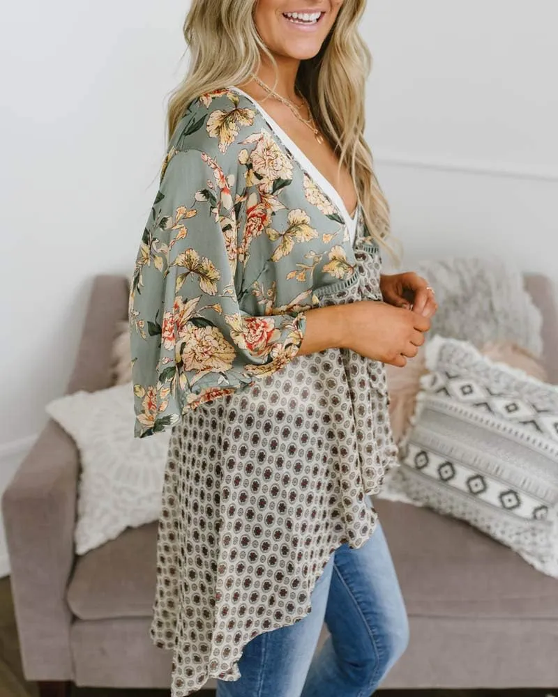 Women Floral Kimono Cardigans 3/4 Ruffle Sleeve Lightweight Patchwork Flowy Boho Tie Loose Cover Ups