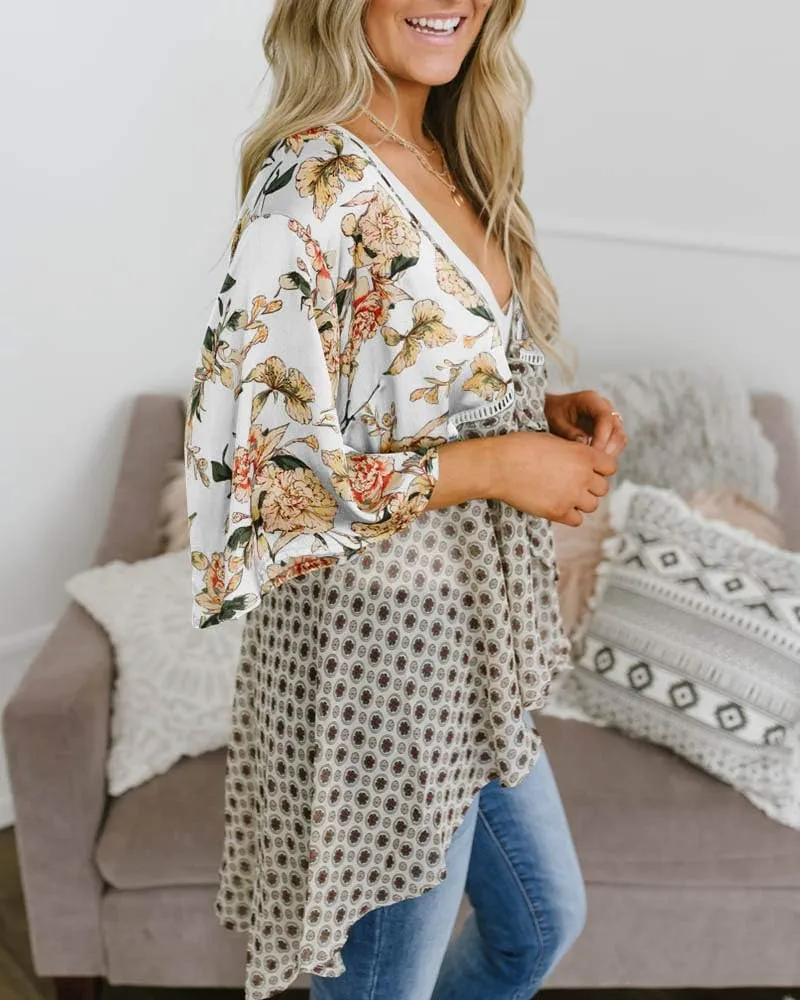 Women Floral Kimono Cardigans 3/4 Ruffle Sleeve Lightweight Patchwork Flowy Boho Tie Loose Cover Ups
