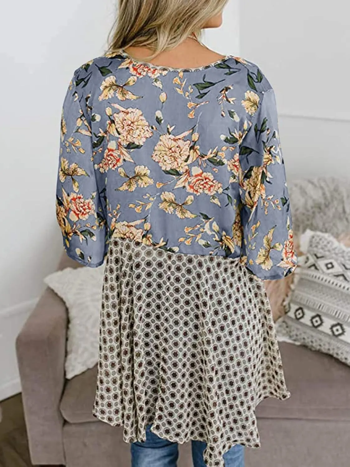 Women Floral Kimono Cardigans 3/4 Ruffle Sleeve Lightweight Patchwork Flowy Boho Tie Loose Cover Ups