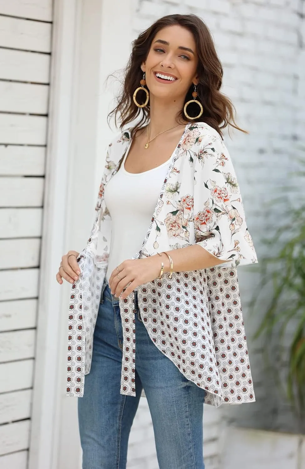 Women Floral Kimono Cardigans 3/4 Ruffle Sleeve Lightweight Patchwork Flowy Boho Tie Loose Cover Ups