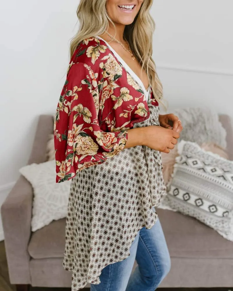 Women Floral Kimono Cardigans 3/4 Ruffle Sleeve Lightweight Patchwork Flowy Boho Tie Loose Cover Ups
