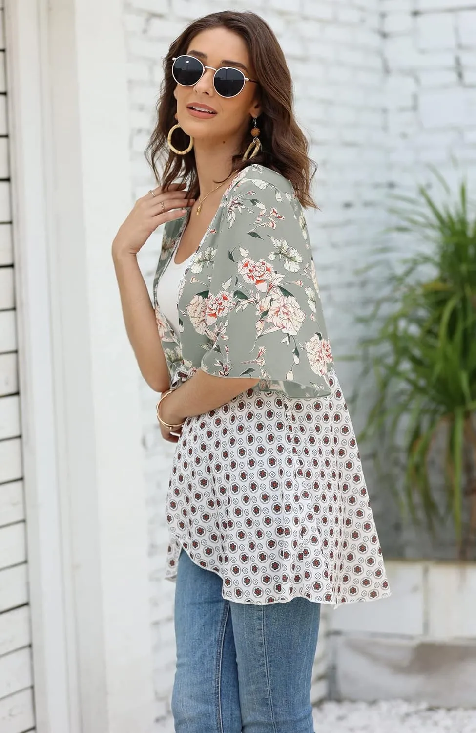 Women Floral Kimono Cardigans 3/4 Ruffle Sleeve Lightweight Patchwork Flowy Boho Tie Loose Cover Ups