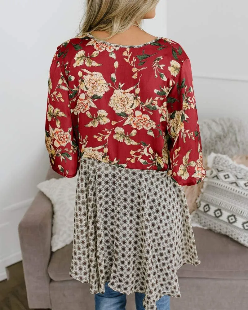 Women Floral Kimono Cardigans 3/4 Ruffle Sleeve Lightweight Patchwork Flowy Boho Tie Loose Cover Ups