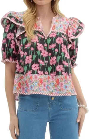 Women Floral Patchwork Short Sleeve Shirt Boho Flutter Sleeve V Neck Peplum Blouse Tops Summer Y2k Babydoll Tank Top