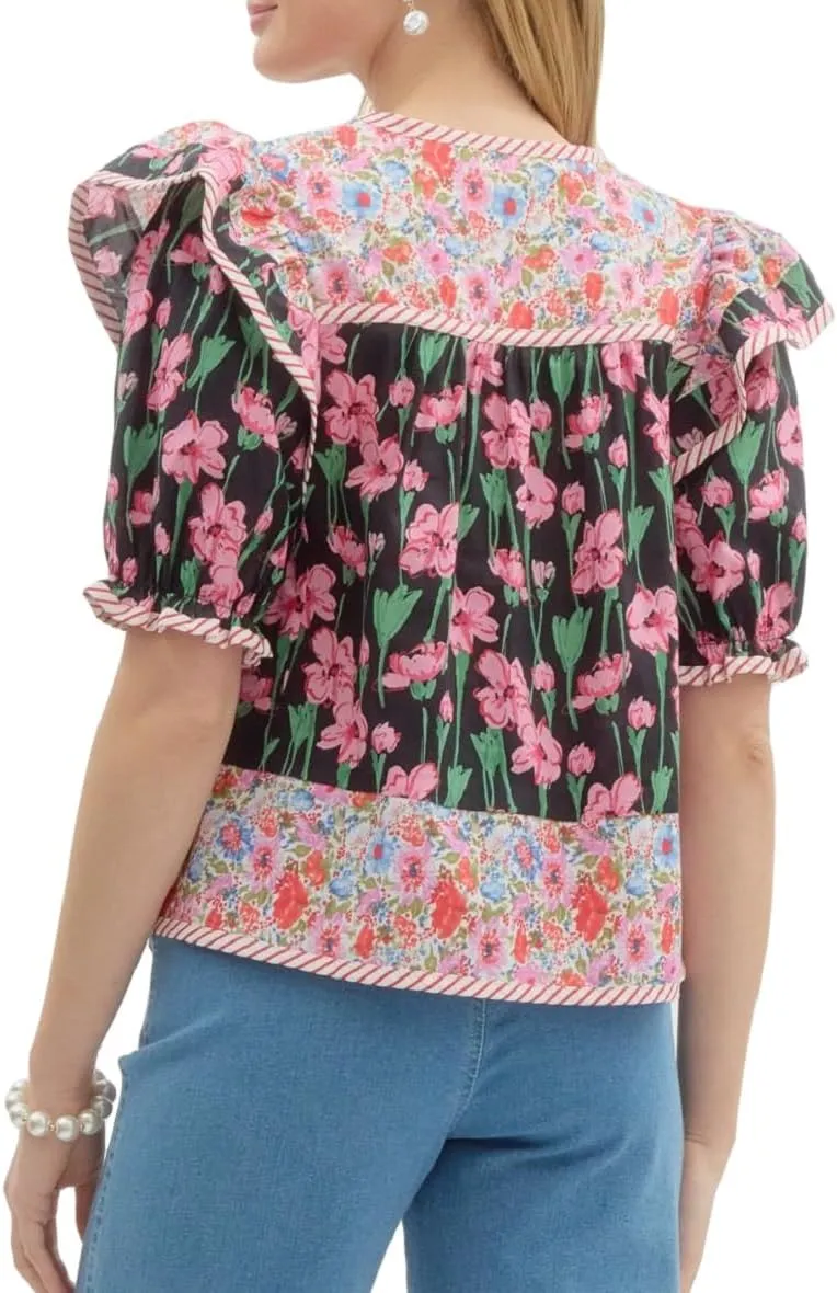 Women Floral Patchwork Short Sleeve Shirt Boho Flutter Sleeve V Neck Peplum Blouse Tops Summer Y2k Babydoll Tank Top