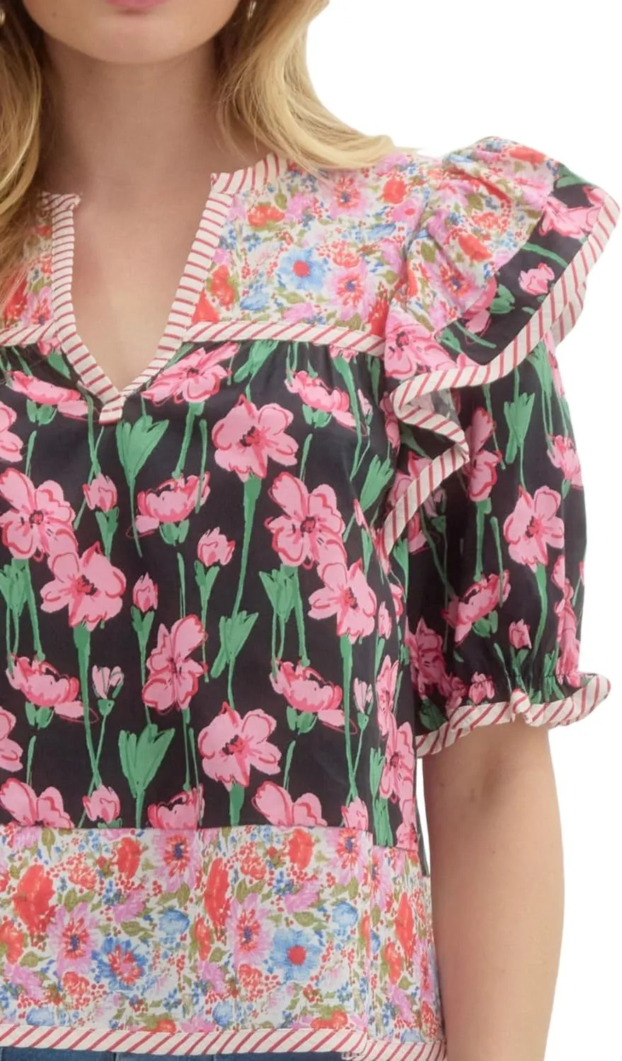 Women Floral Patchwork Short Sleeve Shirt Boho Flutter Sleeve V Neck Peplum Blouse Tops Summer Y2k Babydoll Tank Top