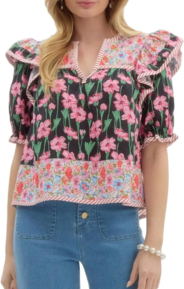 Women Floral Patchwork Short Sleeve Shirt Boho Flutter Sleeve V Neck Peplum Blouse Tops Summer Y2k Babydoll Tank Top