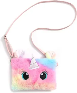 Women Girls Kids Fluffy Fuzzy Unicorn Bag Plush Tie Dye Rainbow Crossbody Purse