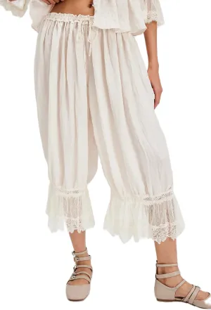 Women Lace Trim Pettipants Ruffle Pumpkin Pants Bloomers Vintage Long Pantaloons Wide Leg Lounge Capris Slip Pants