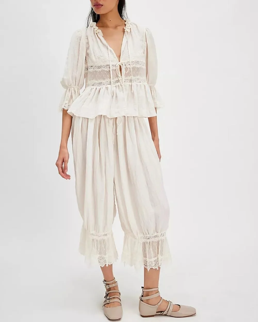 Women Lace Trim Pettipants Ruffle Pumpkin Pants Bloomers Vintage Long Pantaloons Wide Leg Lounge Capris Slip Pants