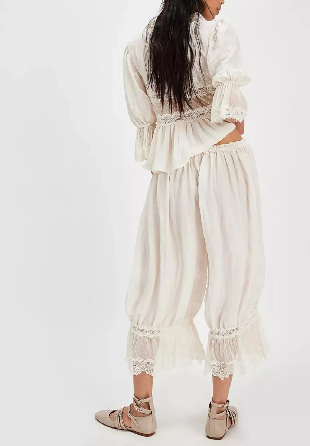 Women Lace Trim Pettipants Ruffle Pumpkin Pants Bloomers Vintage Long Pantaloons Wide Leg Lounge Capris Slip Pants