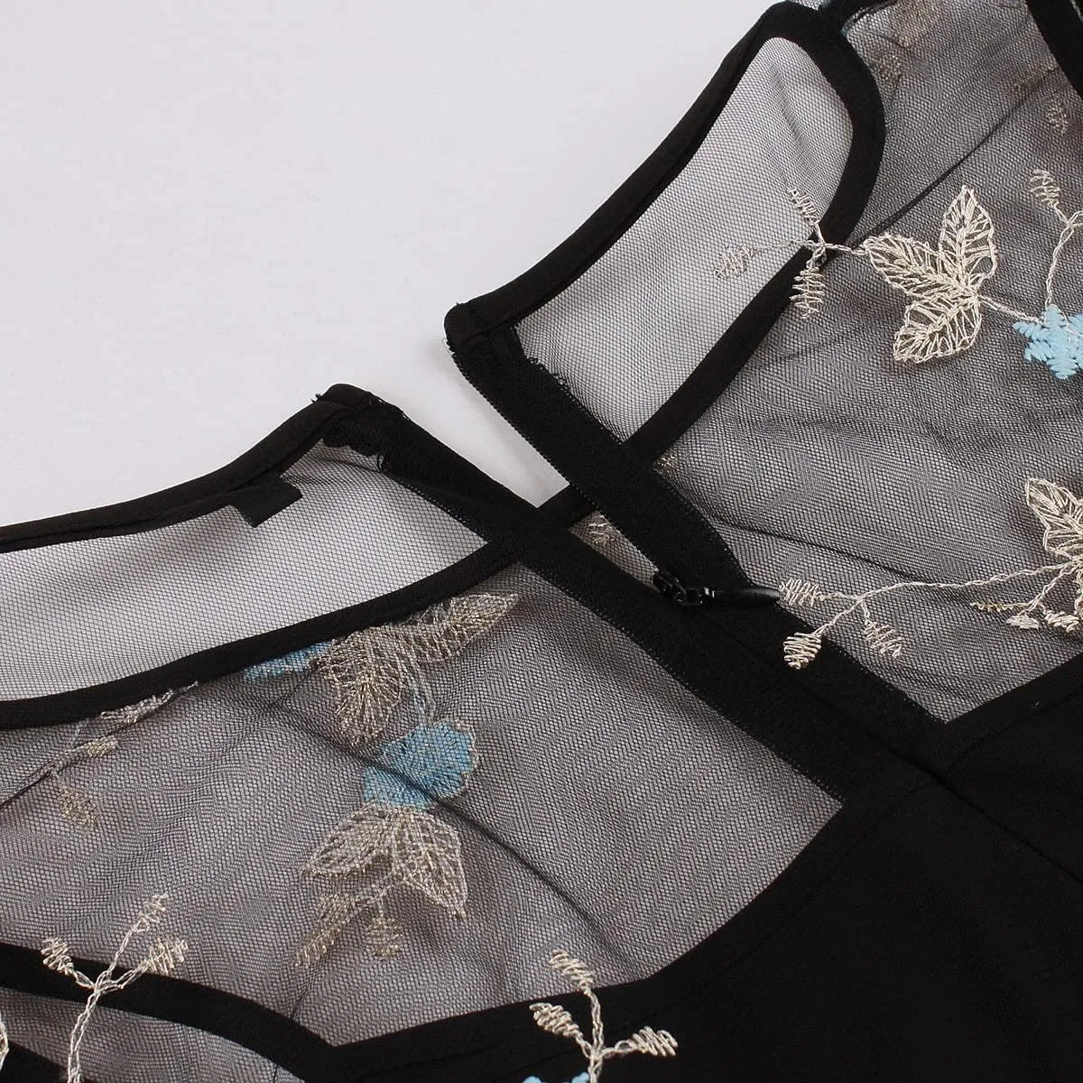Women Mesh Floral Embroidery Vintage Cocktail Swing Dress Illusion 50s Goth Flared A line Casual Wedding Prom Evening Dress