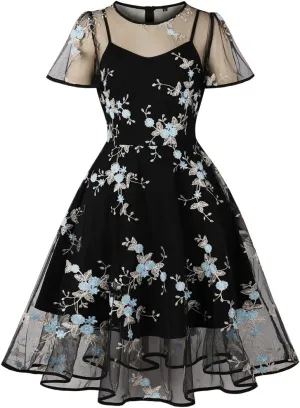Women Mesh Floral Embroidery Vintage Cocktail Swing Dress Illusion 50s Goth Flared A line Casual Wedding Prom Evening Dress