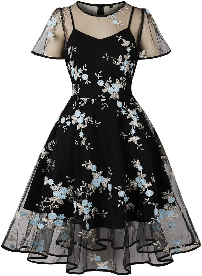 Women Mesh Floral Embroidery Vintage Cocktail Swing Dress Illusion 50s Goth Flared A line Casual Wedding Prom Evening Dress