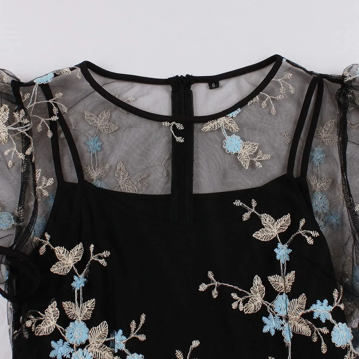 Women Mesh Floral Embroidery Vintage Cocktail Swing Dress Illusion 50s Goth Flared A line Casual Wedding Prom Evening Dress