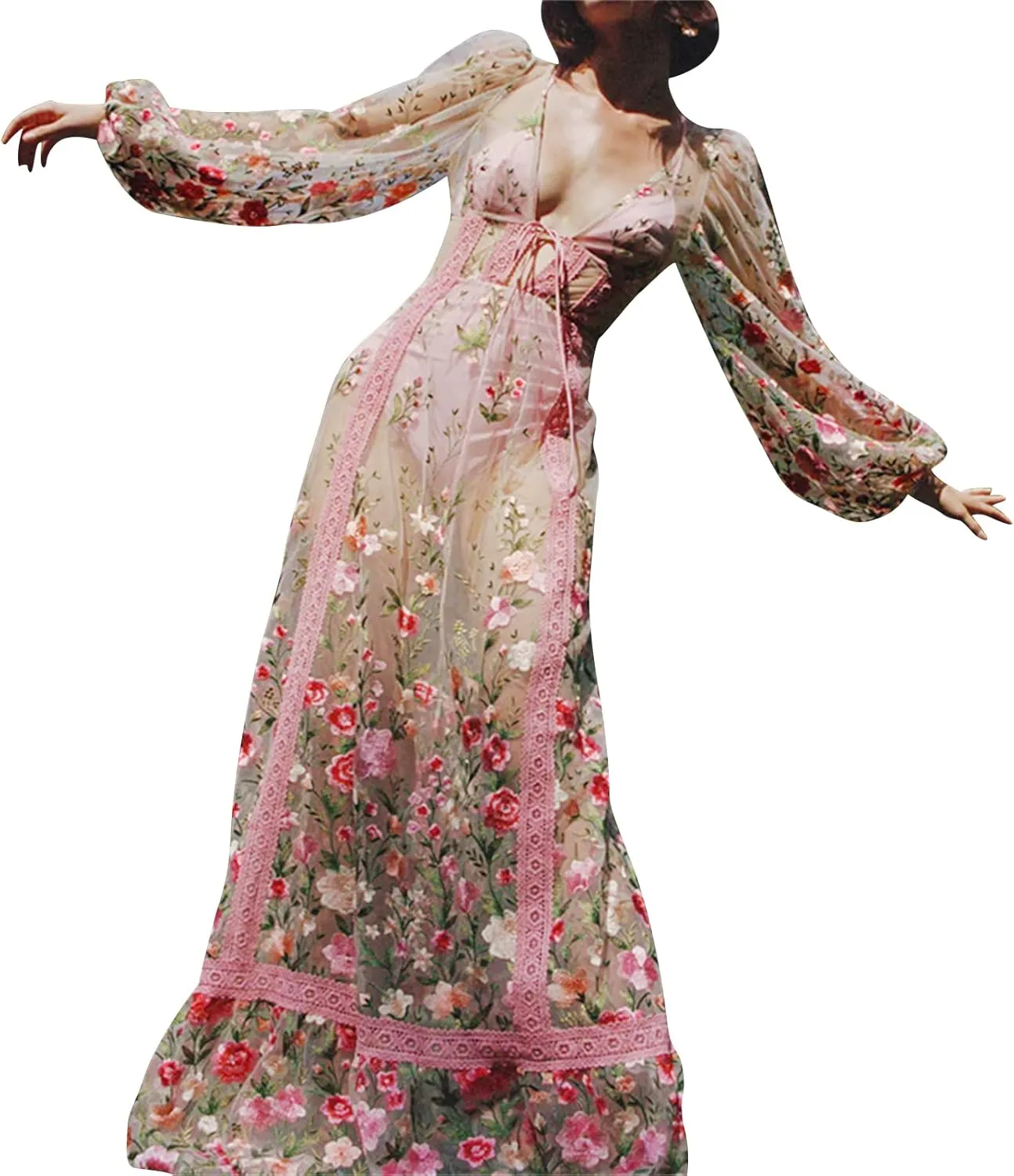 Women Mesh Sheer Long Dress Cover Ups Sexy V Neck Backless Sundress Long Sleeve Floral Embroidery Flowy Maxi Dresses