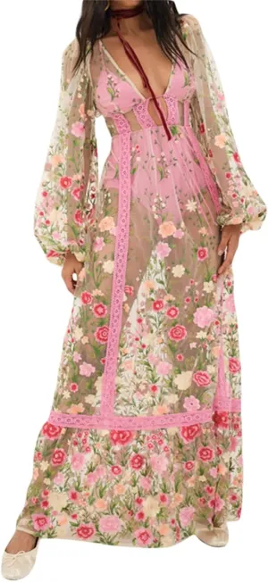 Women Mesh Sheer Long Dress Cover Ups Sexy V Neck Backless Sundress Long Sleeve Floral Embroidery Flowy Maxi Dresses
