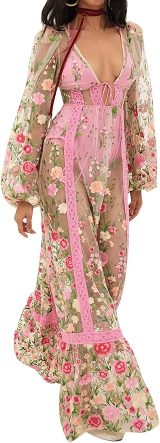Women Mesh Sheer Long Dress Cover Ups Sexy V Neck Backless Sundress Long Sleeve Floral Embroidery Flowy Maxi Dresses
