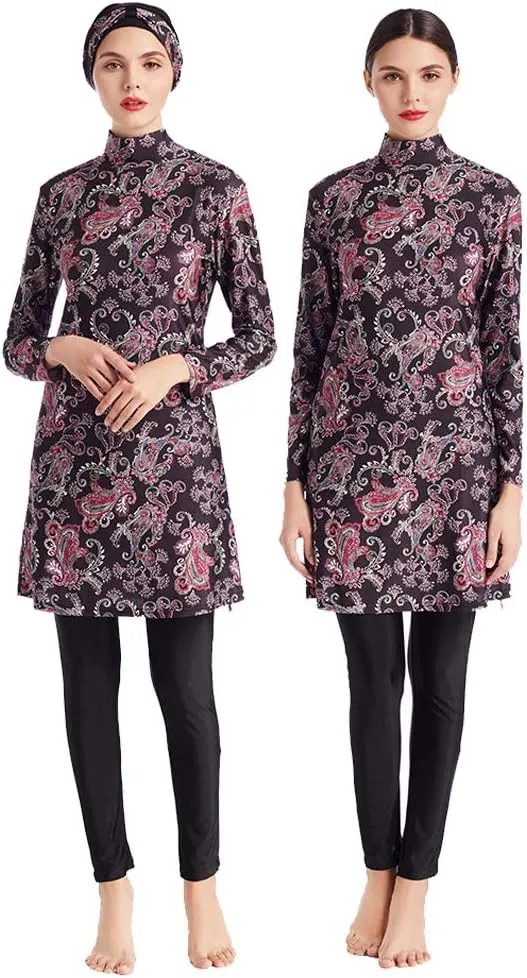 Women Modest Muslim Swimwear Patchwork Hijab Sport Long Sleeves Swimsuit 3pcs Islamic Burkinis Wear Bathing Suit
