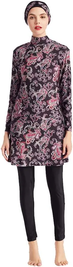 Women Modest Muslim Swimwear Patchwork Hijab Sport Long Sleeves Swimsuit 3pcs Islamic Burkinis Wear Bathing Suit