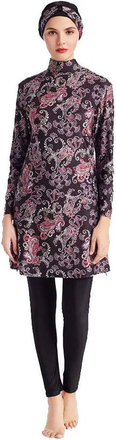 Women Modest Muslim Swimwear Patchwork Hijab Sport Long Sleeves Swimsuit 3pcs Islamic Burkinis Wear Bathing Suit