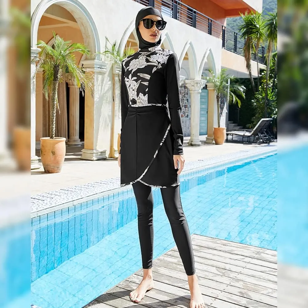 Women Muslim Swimsuit Burkini Floral Print Modest Swimwear Long Sleeve Full Cover Hijab Islamic Bathing Suit Beachwear