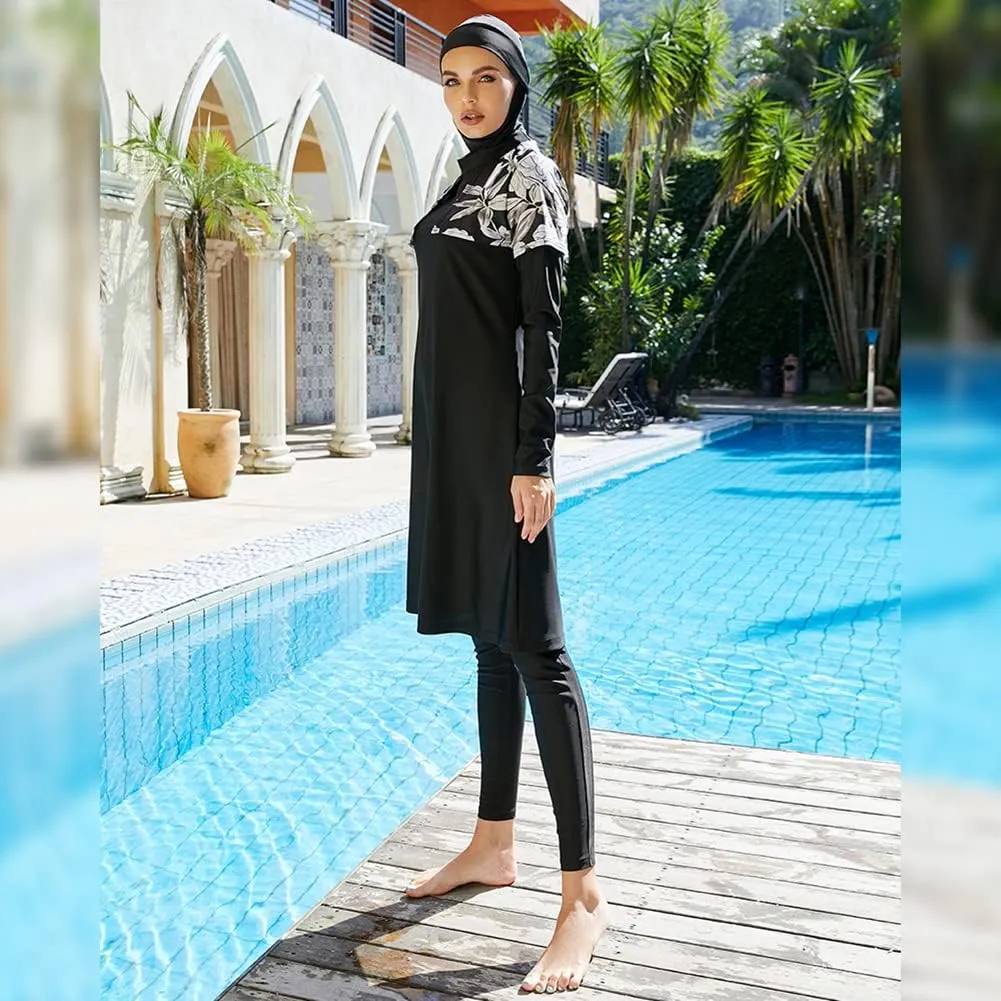 Women Muslim Swimsuit Burkini Floral Print Modest Swimwear Long Sleeve Full Cover Hijab Islamic Bathing Suit Beachwear