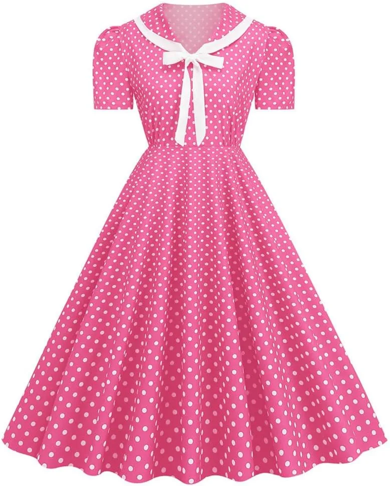 Women Notch Lapel 50s 60s Vintage Short Sleeve V-Neck Cocktail Swing Dress Polka Dot 1950s Rockabilly Prom Party Midi Dress