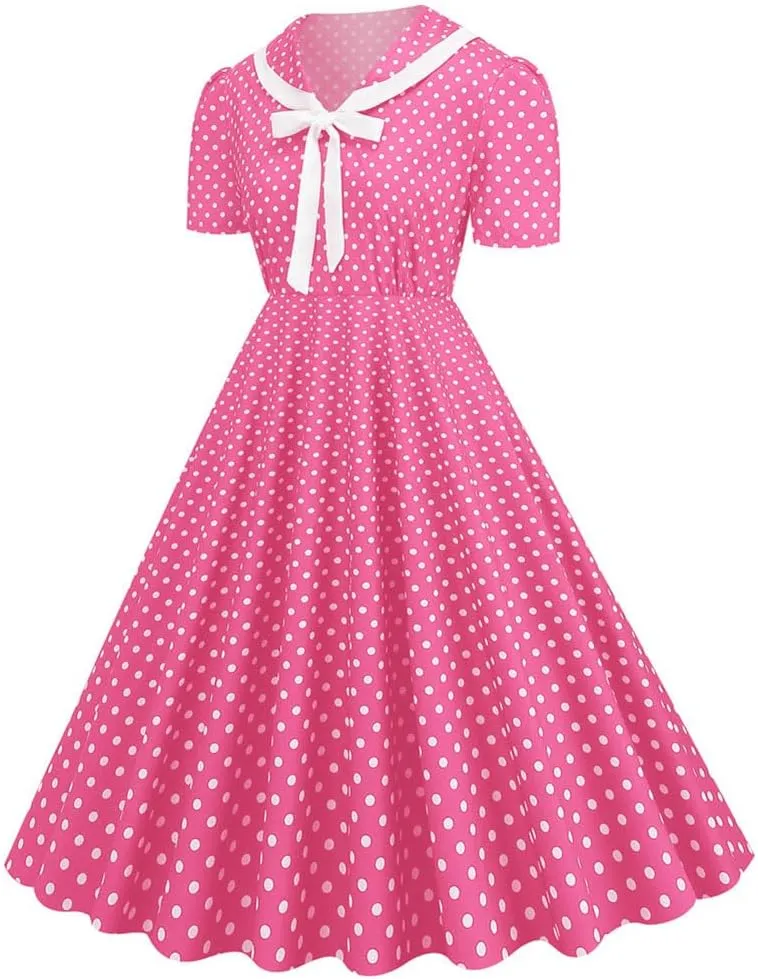Women Notch Lapel 50s 60s Vintage Short Sleeve V-Neck Cocktail Swing Dress Polka Dot 1950s Rockabilly Prom Party Midi Dress