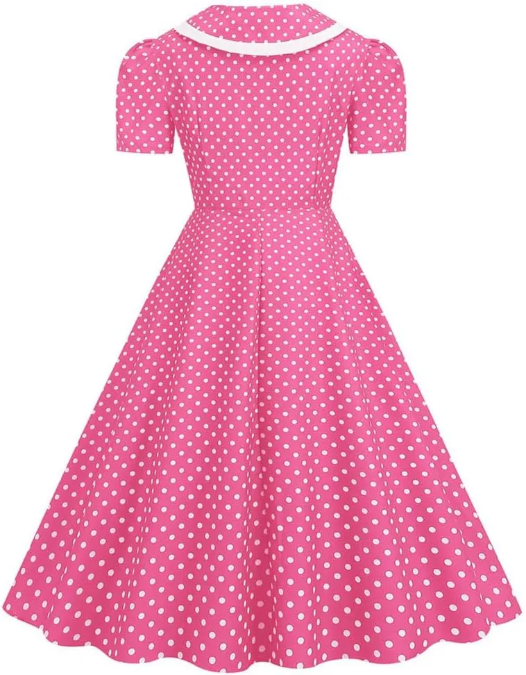 Women Notch Lapel 50s 60s Vintage Short Sleeve V-Neck Cocktail Swing Dress Polka Dot 1950s Rockabilly Prom Party Midi Dress